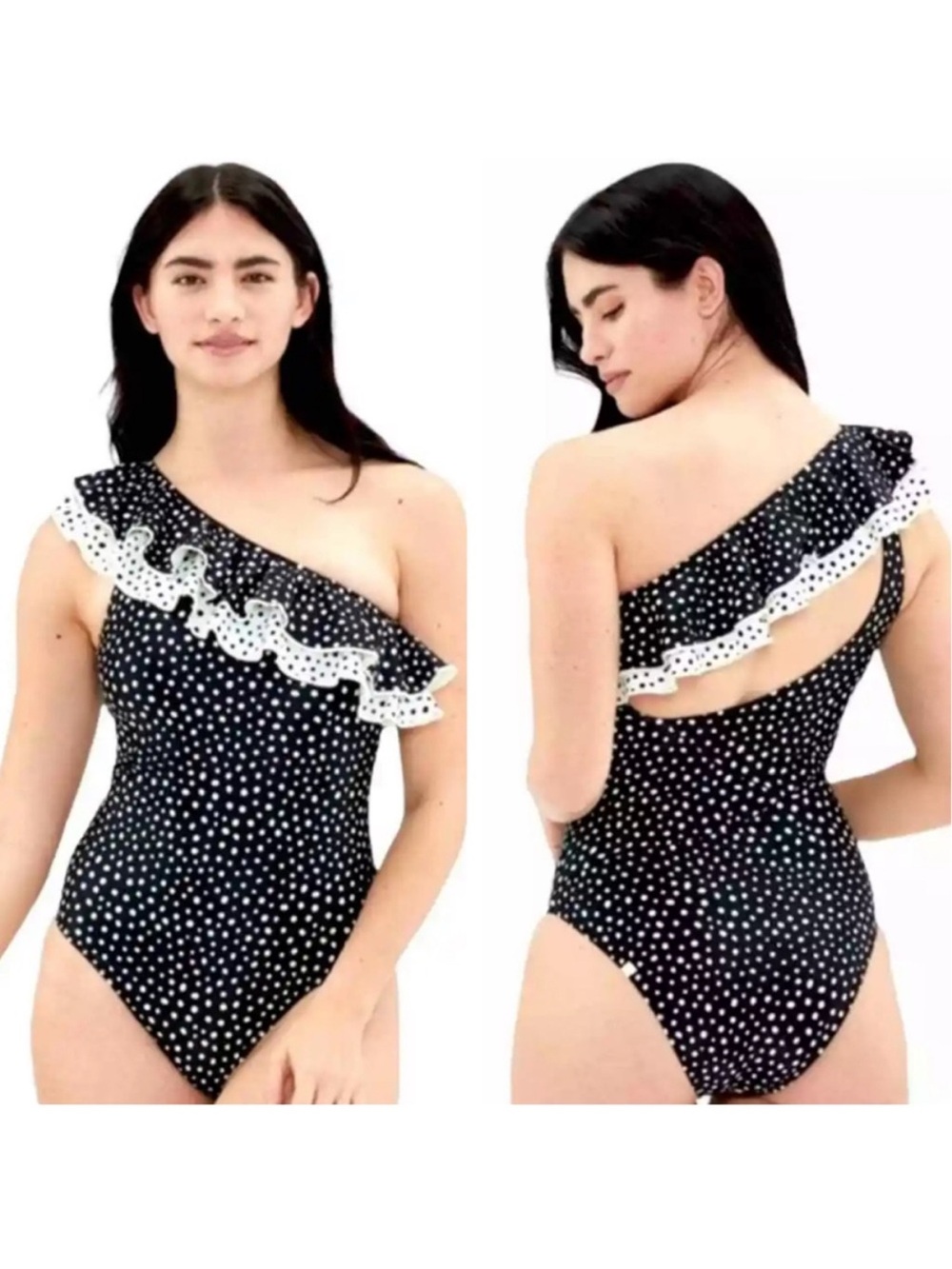Summersalt Black & White Polka Dot One-Shoulder Ruffle Swimsuit